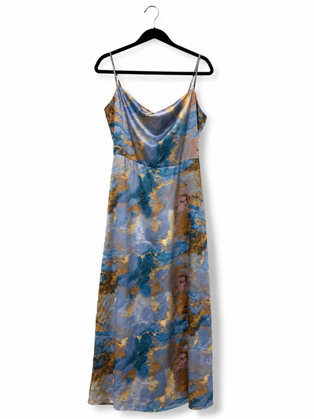 NWT Micas Marble-Print Maxi Slip Dress in Blue & Gold